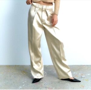 Zara Satiny Pleated Wide Party Outing Baggy Pants sz XL champagne beige